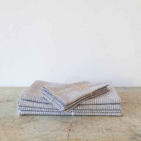 Fog Linen Tablecloths and Napkin Sets - Blue Ticking Stripes