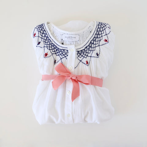Scarlette Smocked Puff Sleeve Night Dress - White/Navy