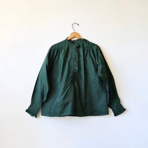 Injiri Ruffle Silk Shirt - Green Polkadot