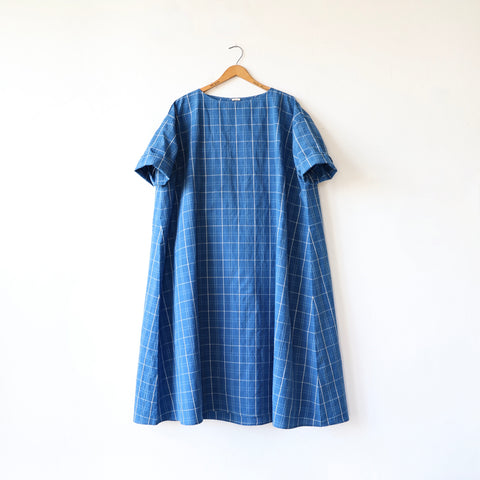 Apuntob Cotton/Linen Easy Dress - Denim Blue Plaid