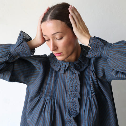 Bunon Cotton/Linen Ruffle Shirt - Blue/Brown Stripes