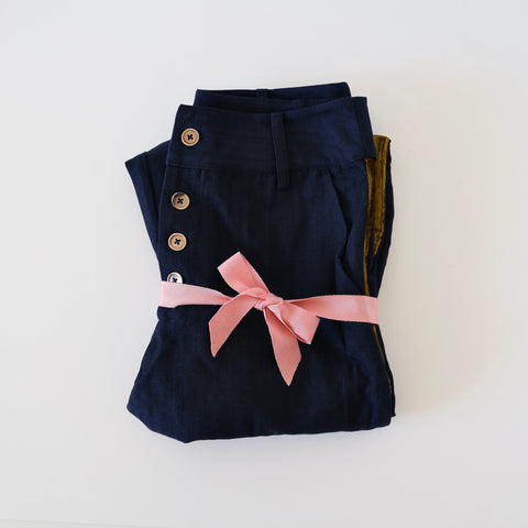 P. Le Moult Button Trousers - Navy with Velvet Stripe