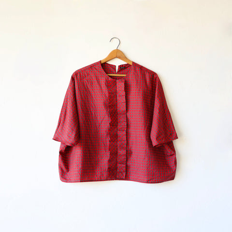 Apuntob Pleated Ruffle Silk Blouse - Red Plaid