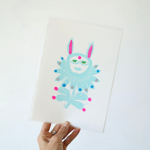 Minnieolga Glitter Flower Bunny Card