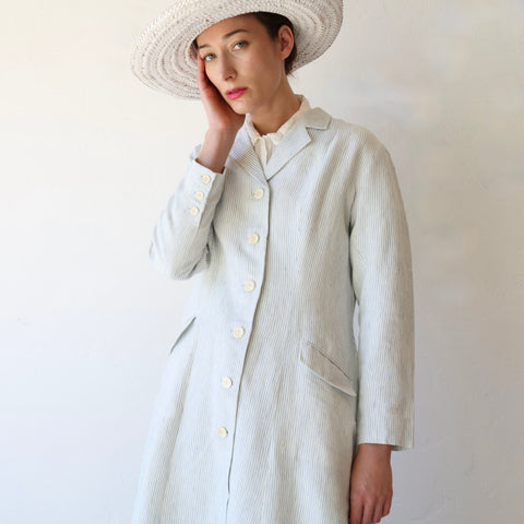 Maku Handwoven Linen Coat - Soft Blue Stripes