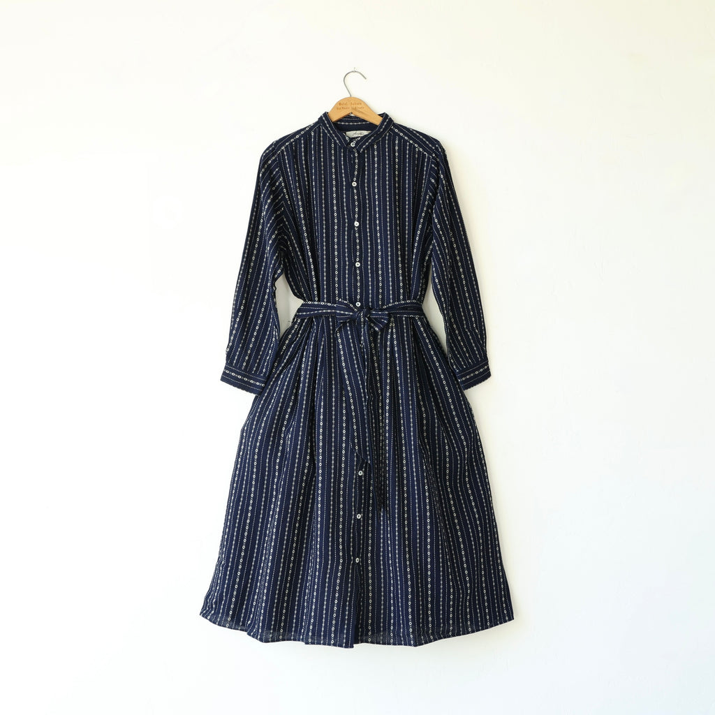 Ichi Antiquités Linen/Cotton Dress Navy/Natural Dobby Stripe