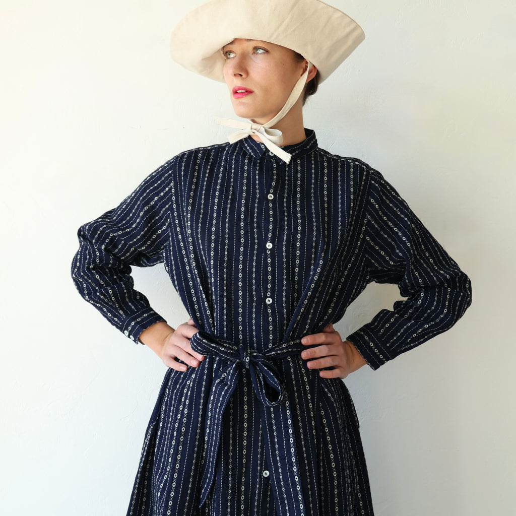 Ichi Antiquités Linen/Cotton Dress Navy/Natural Dobby Stripe Bon