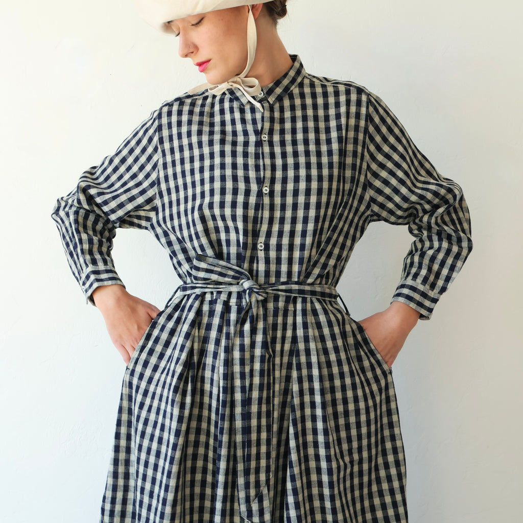 Ichi Antiquits Linen/Cotton Dress - Navy Gingham Ichi Antiquits Linen/Cotton Dress - Navy Gingham