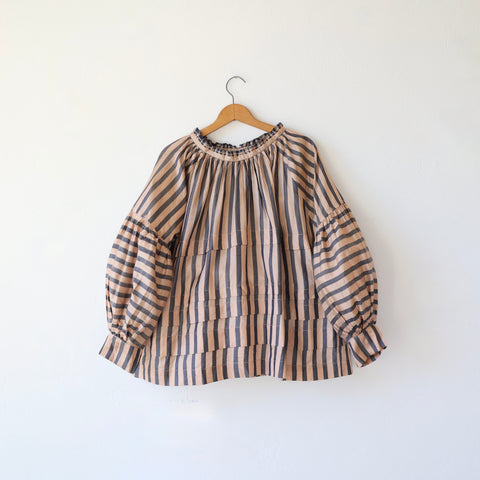 Runaway Bicycle Pleated Silk Blouse - Rose/Navy Stripes