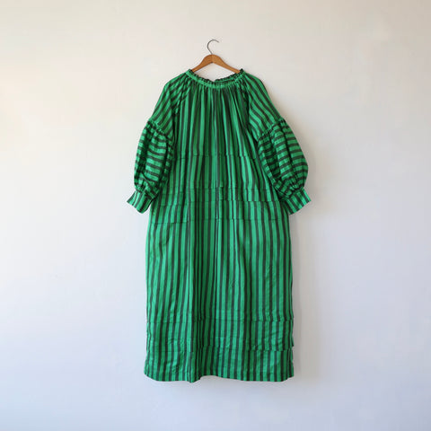 Runaway Bicycle Pleated Silk Dress - Green/Soft Black Stripes