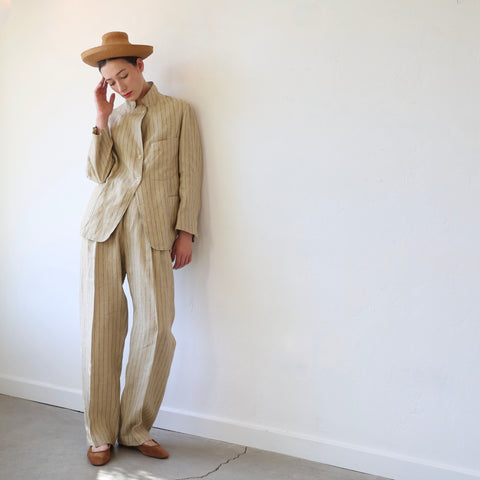 Samuel Snider Pleated Trousers - Natural/Black Pinstripe