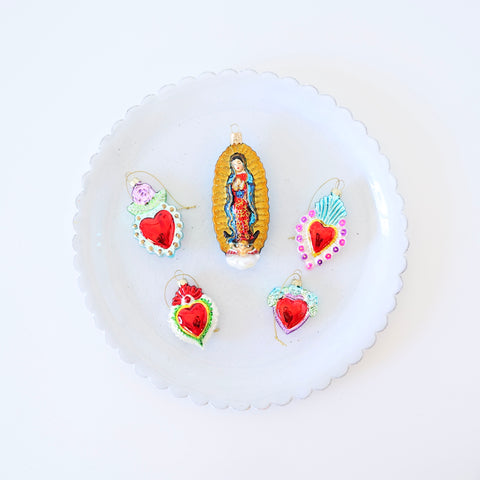 Blown Glass Ornaments - Lady of Guadalupe & Milagro Hearts - 5 Options