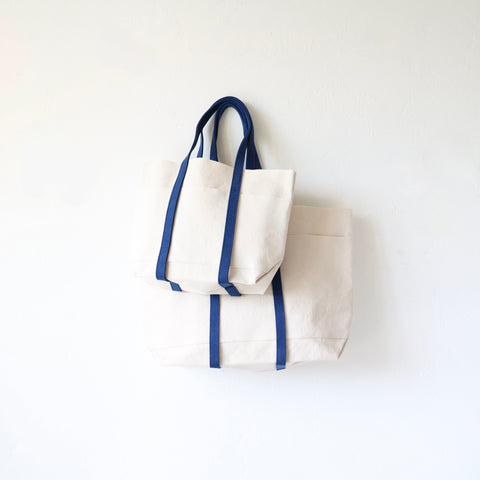 Amiacalva Washed Canvas Tote Bags - Ecru/Blue - 2 Size Options