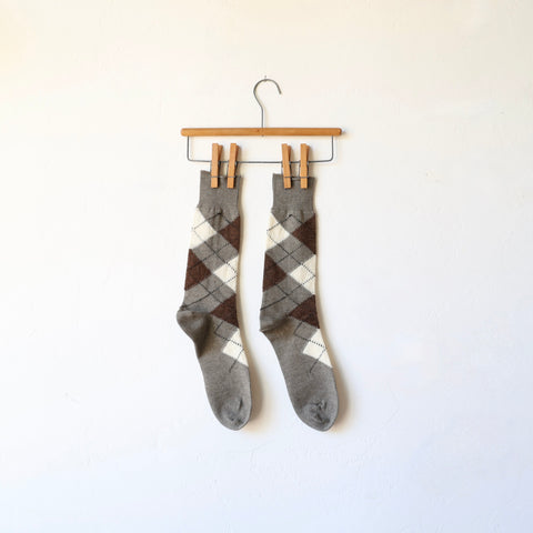 Yahae Cotton/Alpaca/Yak Argyle Socks - Grey/Brown/Cream