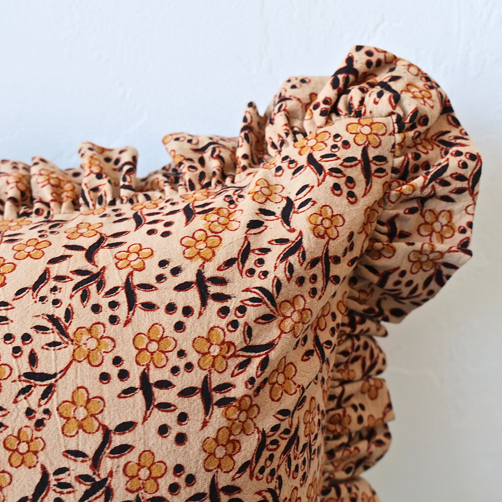 Block Printed Ruffle Pillow - Tan Floral