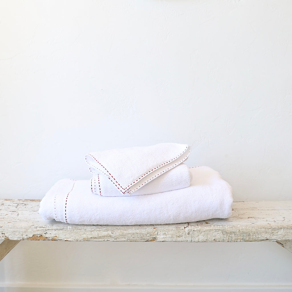 V. Barkowski Cotton Terry Towels - White with Red Stitching