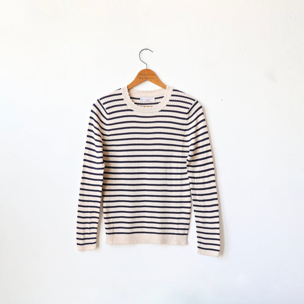 Une Heures Italian Silk Scallop Long Sleeve - Perle/Navy | Bon