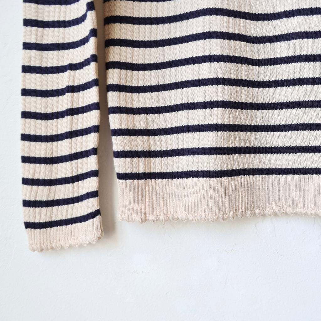 Une Heures Italian Silk Scallop Long Sleeve - Perle/Navy