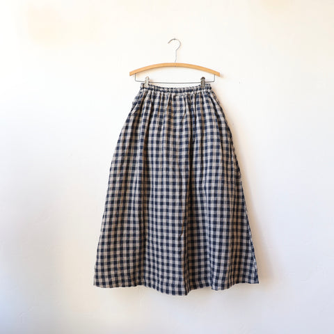 Ichi Antiquités Linen Skirt -Navy/Natural Gingham